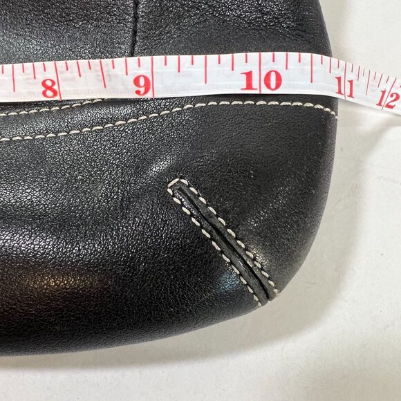 COA Coach Black Leather Shoulder Bag Tote Purse Duffle Tassel White Stitch Fring - Picture 9 of 15